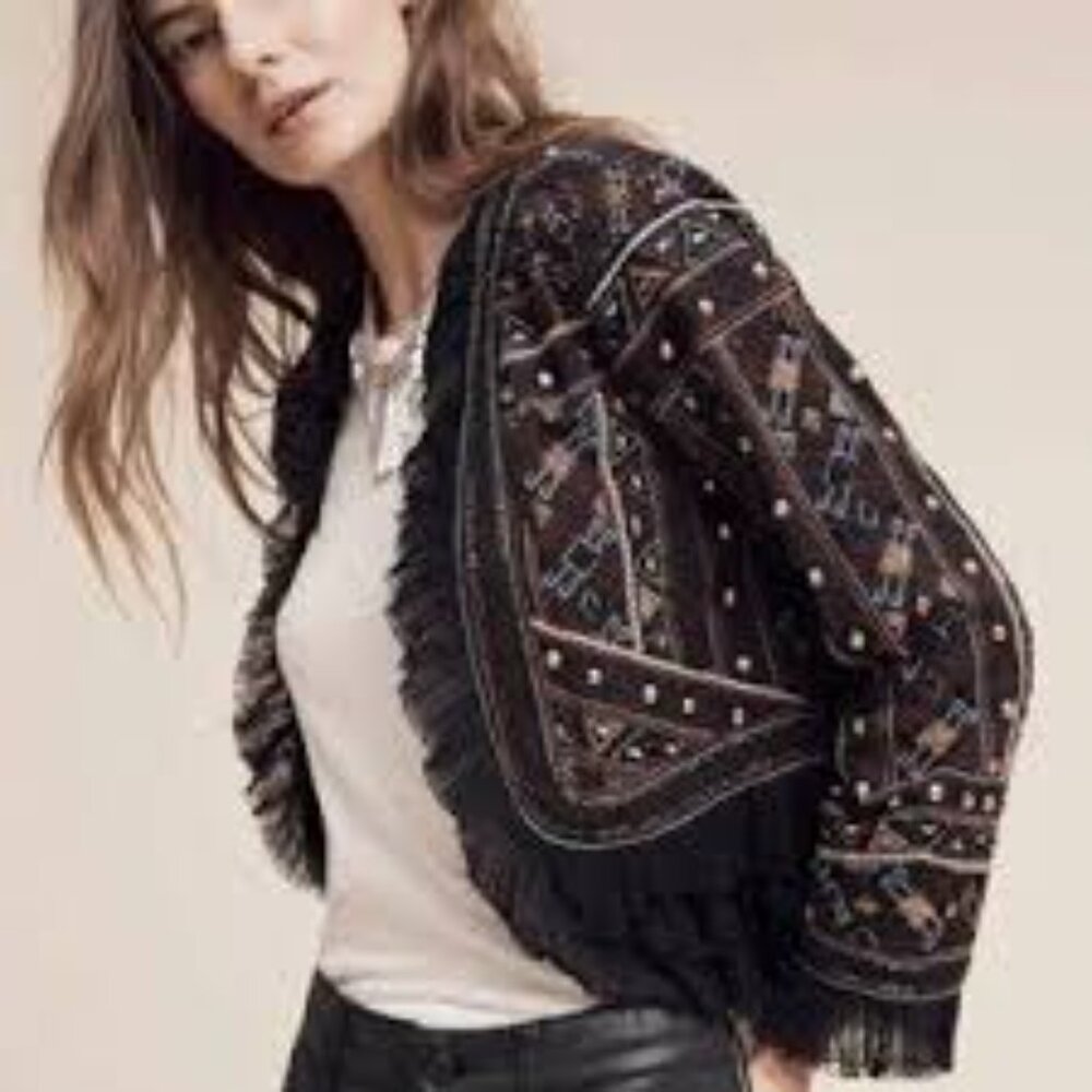 Anthropologie Black Embroidered Fringe Jacket